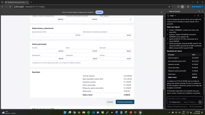 Llena una declaración con los datos de un PDF y calcula el resultado